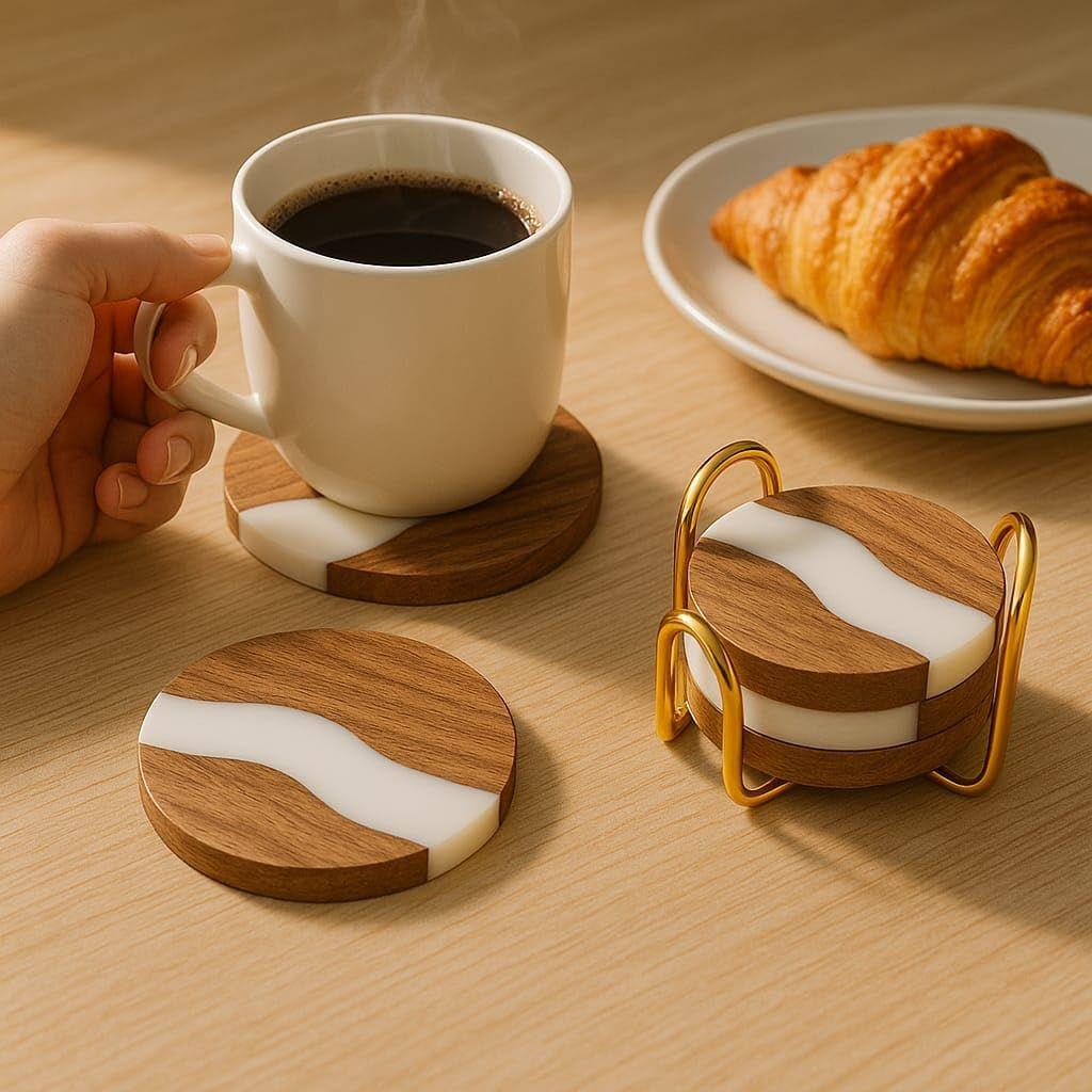 Wooden Coaster Set of 4 for Dining Table – Premium Wood & Resin Drink Coasters with Gold Stand – Stylish Tea Cup, Coffee Mug & Glass Coasters
