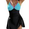 Sexy Solid Color Slit Skirt V Neck Cross Strap Tummy Control Bikini Swimsuit For Vacation