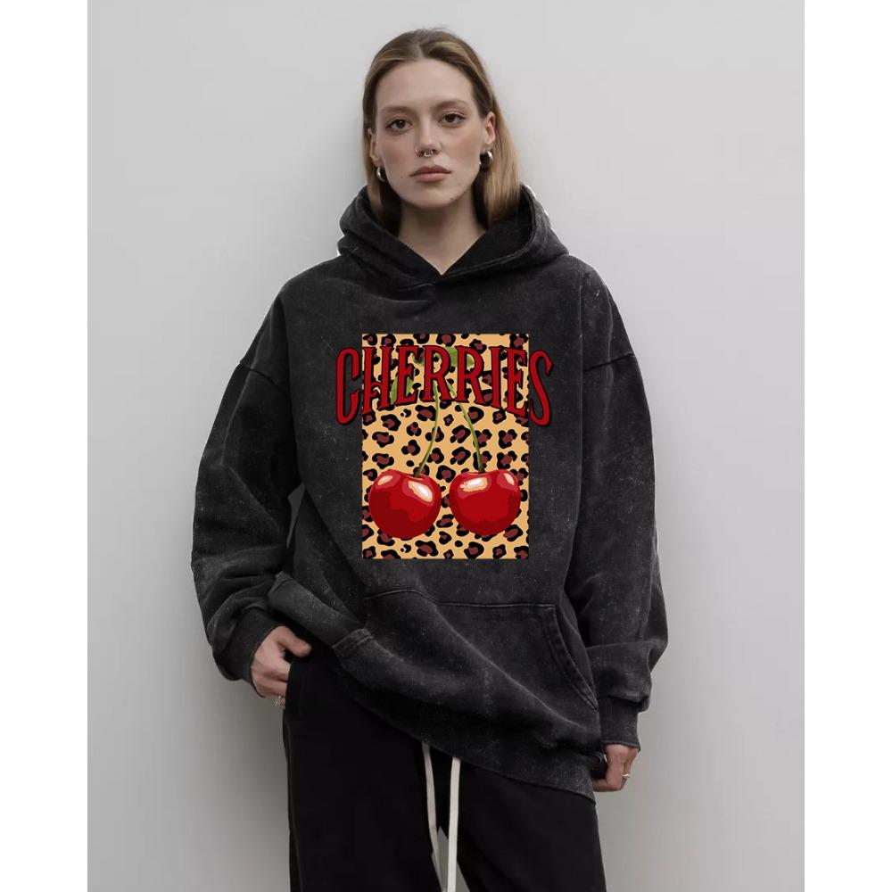 Frische Kirschen Früchte Prints Damen Gewaschener Hoodie Hip Hop Distressed Kapuzenpullover All-Match Baumwoll-Hoodie Übergroße Oberteile