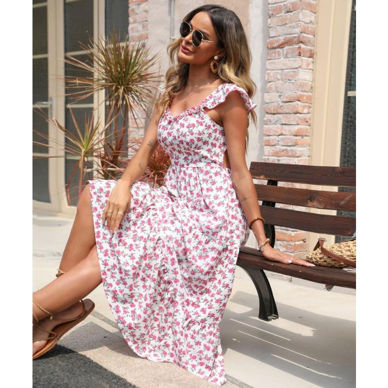 Women Sweet Floral Print Square Neck High Waist Flutter Sleeve Midi A Line Dress
