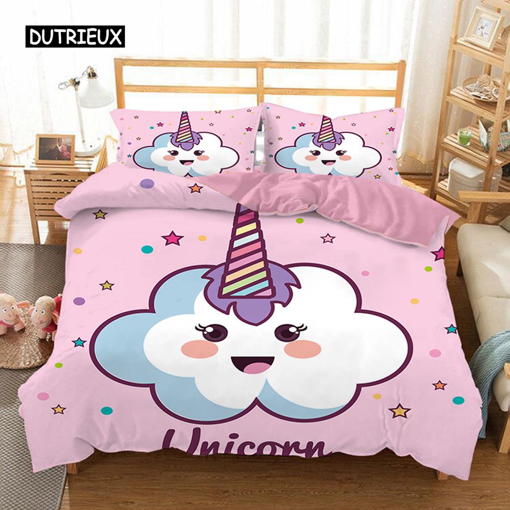 Unicorn Duvet Cover Set Cartoon Animal Bedding Set Single Twin King For Kids Girls Polyester Romantic Theme Star Comforter Cover