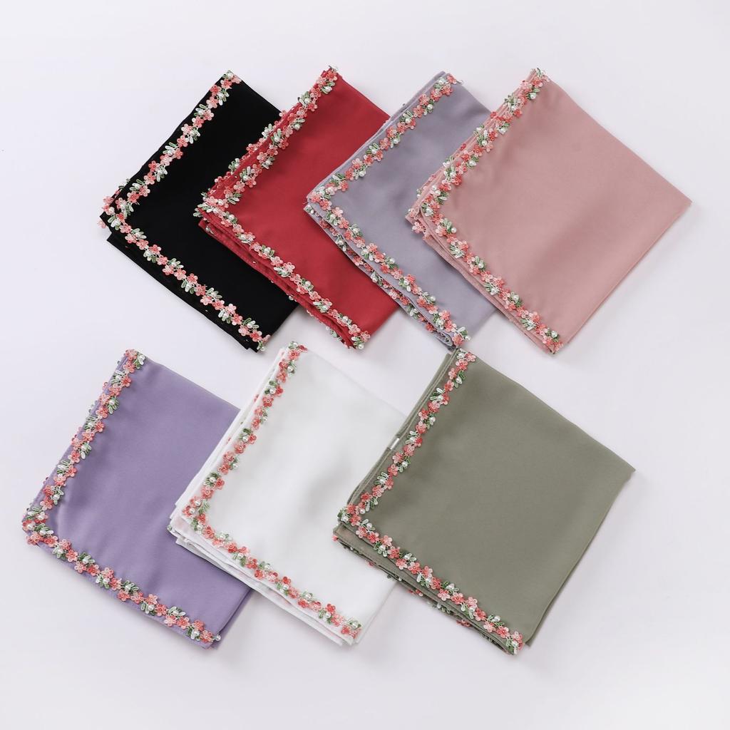Chic Floral Lace Beaded Scarf - Floral Muslim Hijab Shawl, Fresh Sweet Square Headwrap for Women