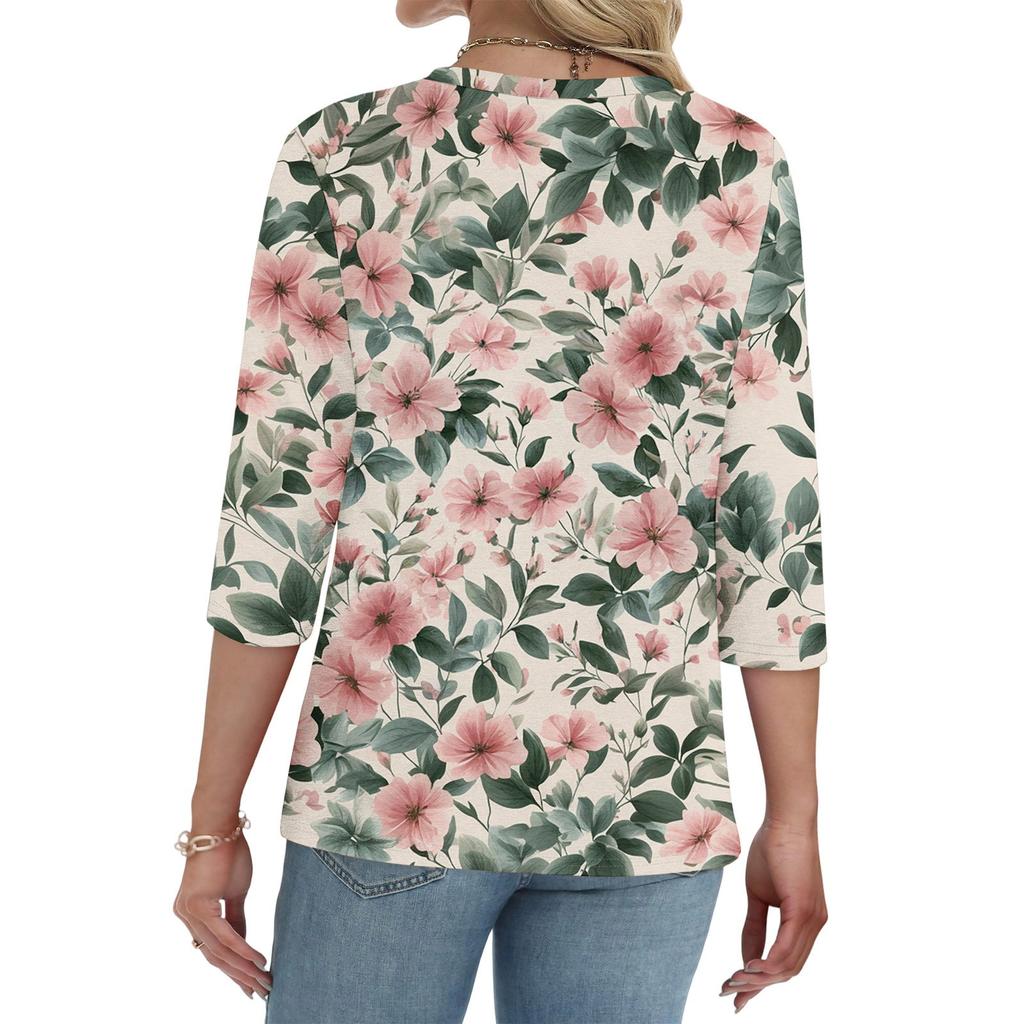 Modisches lässiges Retro-Blumenmuster V-Ausschnitt Knopfleiste Drei-Viertel-Ärmel T-Shirt Top für Damen