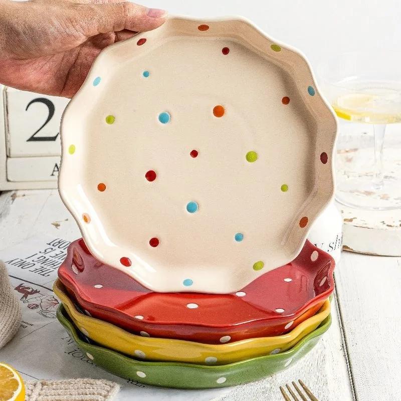 20cm Cute Porcelain Dinner Plate,Kitchen Dinnerware,Dot Pattern Western Dish,Fruit Plate,7.9" Tableware,Microwave,Oven Safe