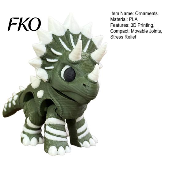 Small Dinosaur Model 3D Printed Three-Horned Figurine with Articulated Joints, Green White Desk Toy Display Cabinet Textured Spikes, Mini Collectible