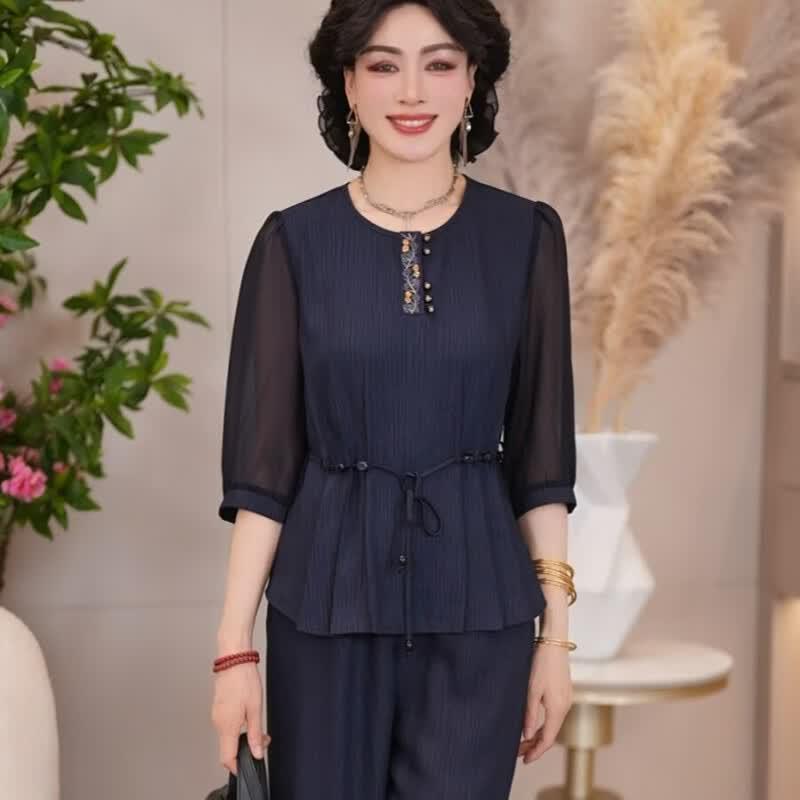 Jianhu Women s Chinese Style Chiffon Summer Top Set 3XL