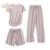 Dámské letní pyžamový set korejský temperament triko s ledovým hedvábným výstřihem do O se stahovací šňůrkou rovné široké nohavice tenké elastické pasové šortky 3ks/sada Domácí oblečení