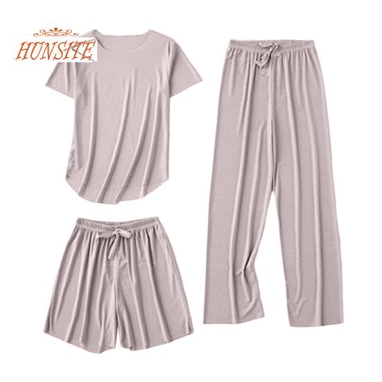 Dámské letní pyžamový set korejský temperament triko s ledovým hedvábným výstřihem do O se stahovací šňůrkou rovné široké nohavice tenké elastické pasové šortky 3ks/sada Domácí oblečení