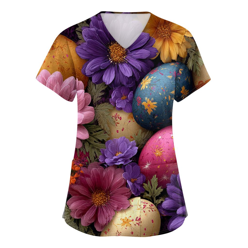 Damenmode V-Ausschnitt Kurzarm Arbeitskleidung Mit Taschen Osterdruck Oberteil Pflegekraft Uniform