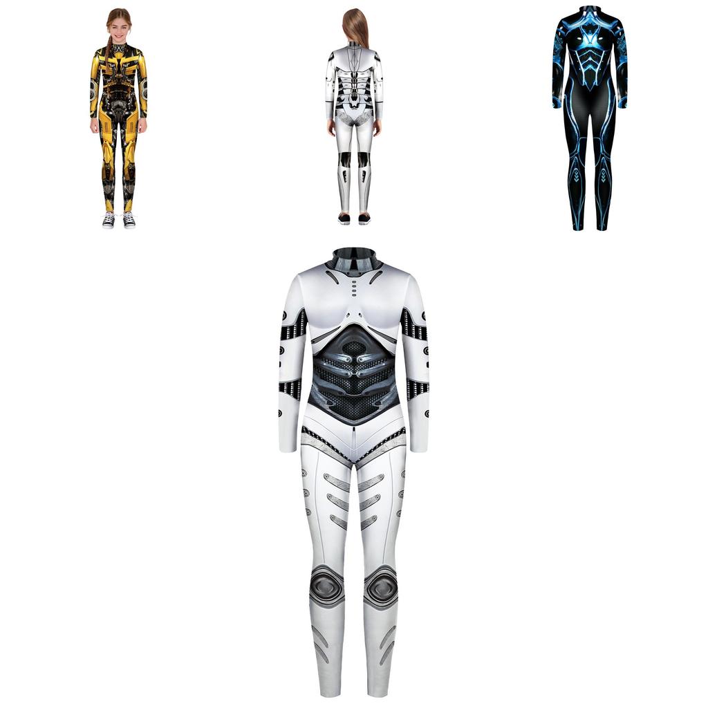 Sekizli Robot Zırh Baskılı Cadılar Bayramı Cosplay Dar Kesim Tulum Vücut Giysisi Kostüm