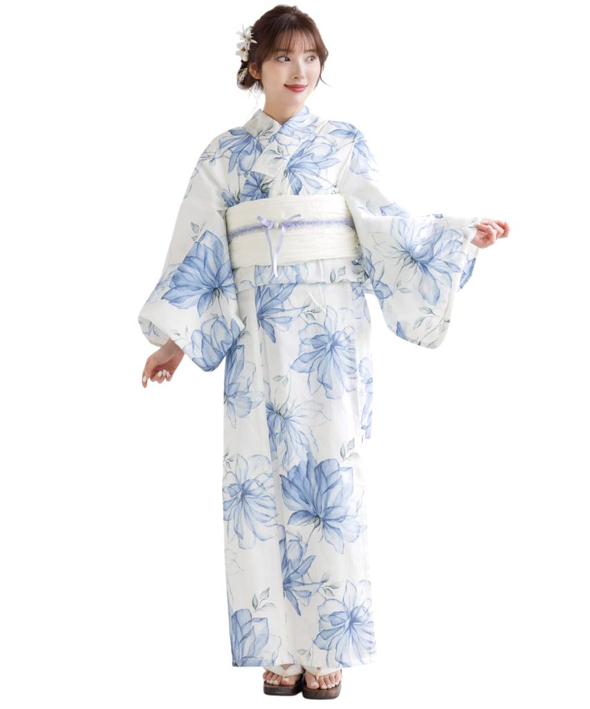 (Dita) Women's Yukata 5-Piece Set, Blue, Light Blue, White, Floral, Watercolor, Transparent, Large Pattern, Easy To Wear by One Person (Pouring White