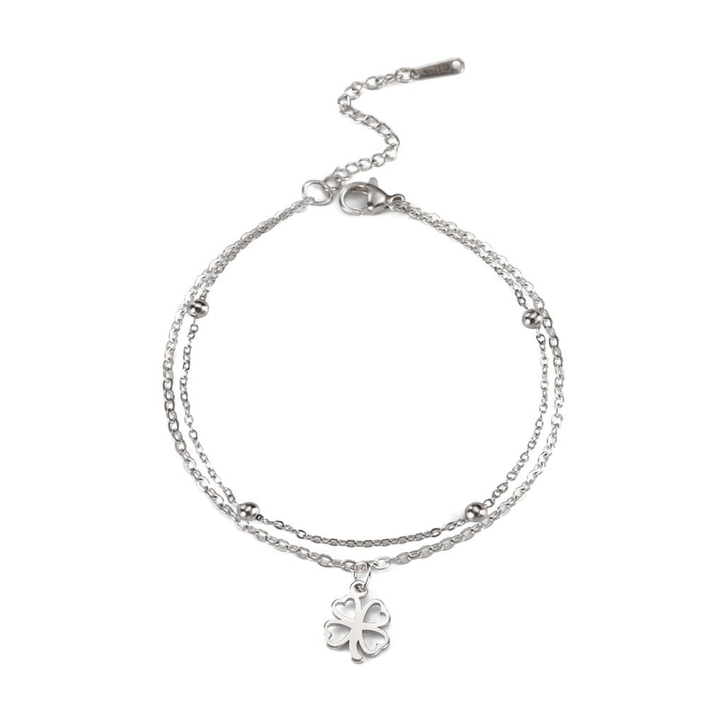 Four Leaf Clover Crystal Charm Bracelet Women's Double Layer Snake Chain Bracelets Lucky Stainless Steel Jewelry