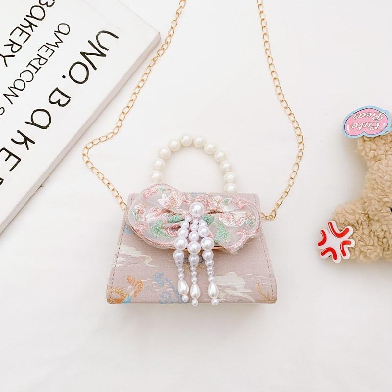 Lovely Geometric Patterned Shoulder Bag For Kids Featuring Chic Tassels And Elegant Pearls