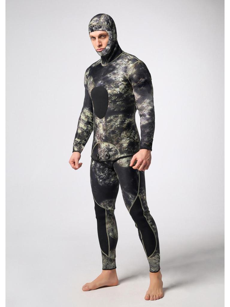 3MM Camo Neoprene Two-Piece Hooded Diving Wetsuit for Cold Protection