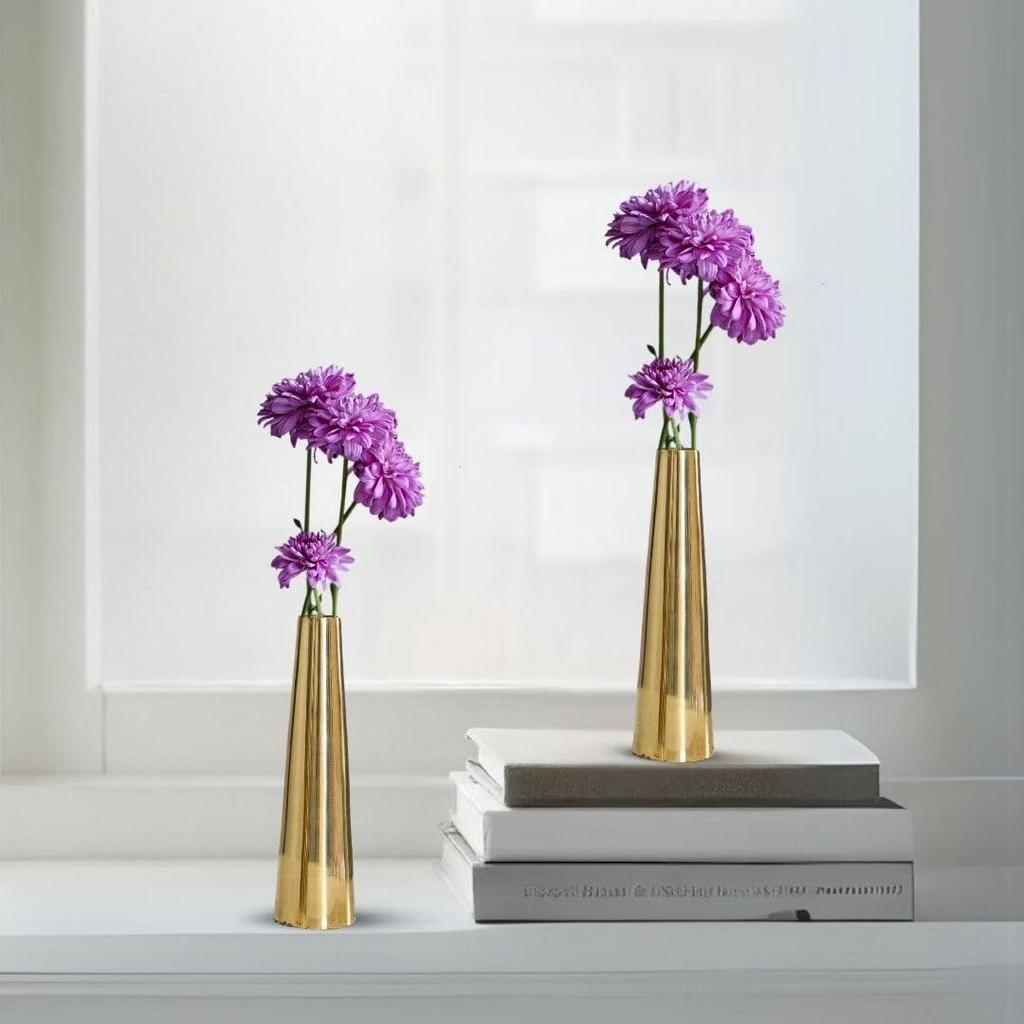 Golden Metal Slim Cone Flower Vase for Home Decor Bedroom Living Room Office Wedding Table Decorative Item for Festivals Birthday