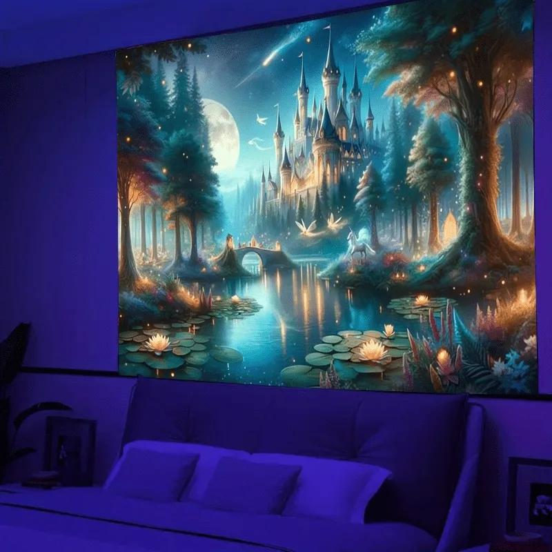 UV Reactive Fantasy Castle Tapestry Blacklight Magical Forest Lake Moon Wall Hanging Aesthetic Decor for Bedroom 100X70CM