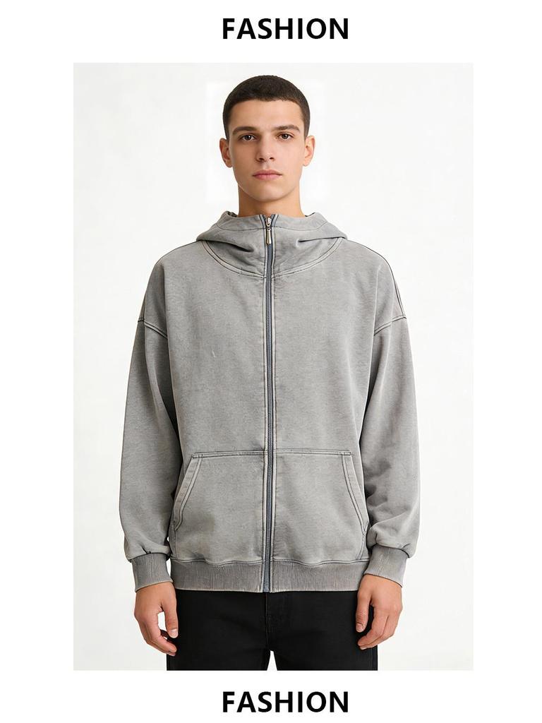 European Style 350g Cotton Hooded Distressed Zip-Up Cardigan - Unisex Trendy Jacket