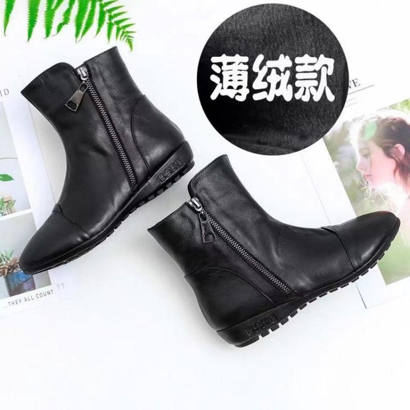 

Autumn and winter boots women s flat-bottomed medium boots round head soft leather velvet women s boots soft-soled Martin boots 40
