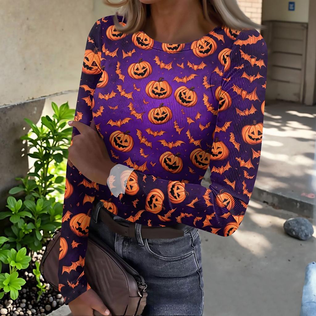 Women Casual Long Sleeve Ribbed Knit Top Crew Neck Halloween Print Slim Fit Stretchy Pullover Shirt for Fall and Winter