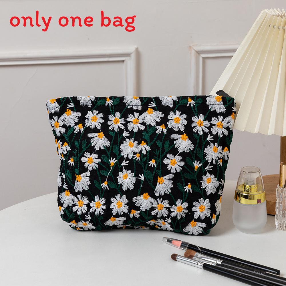 Canvas Embroidery Cosmetic Bag With Floral Pattern For Travel And Home Use