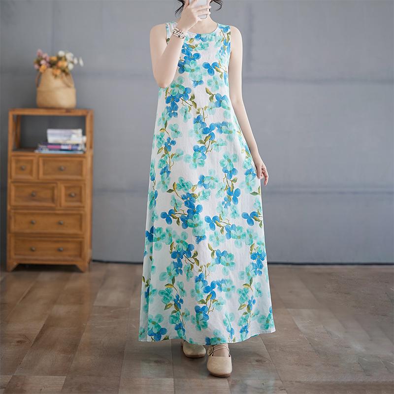 DIMANAF 2025 Women Linen Summer Flower print Dress Casual Ladies Basic Long Dress 8087