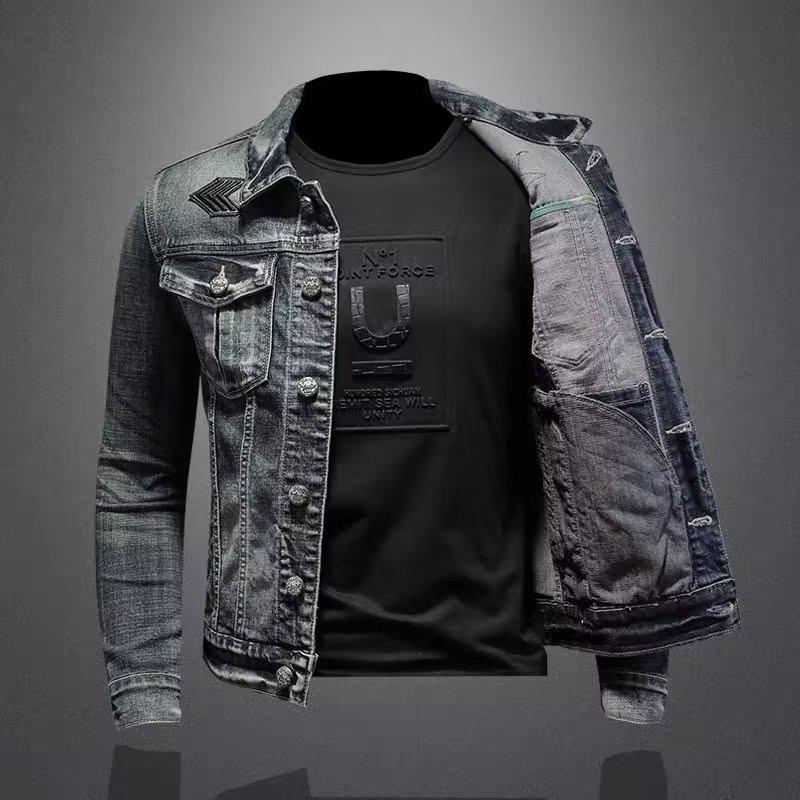 Denim jacket men's spring and autumn American vintage distressed trend slim biker jacket cargo casual top for men