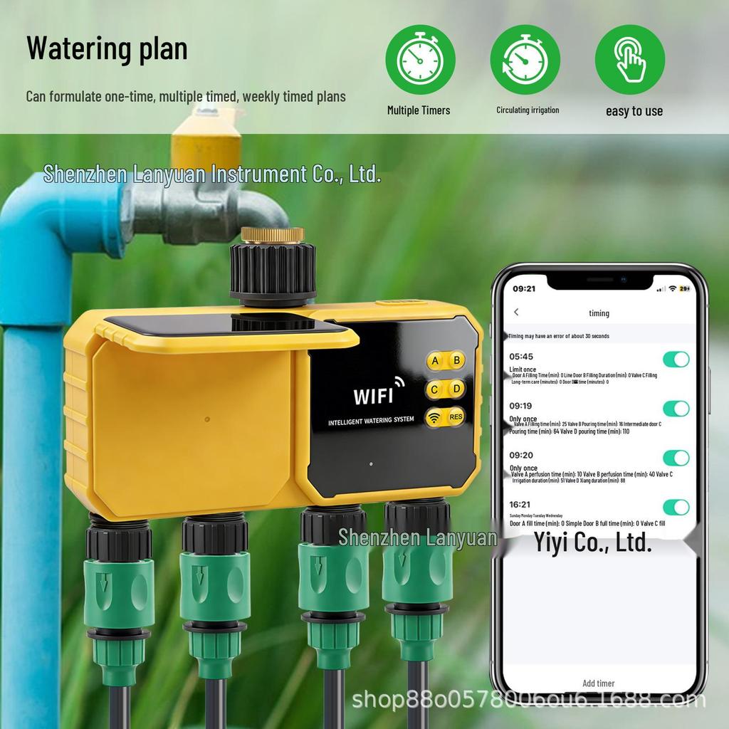 Graffiti Solar-Powered Smart WiFi Water Valve Control for Automatic Four-Way Irrigation and Remote Flower Watering Timer