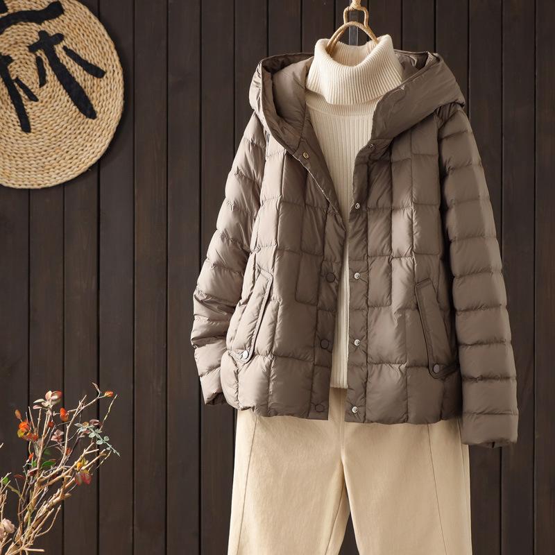 White duck down light down jacket women's winter hooded casual solid color simple warm loose literary jacket