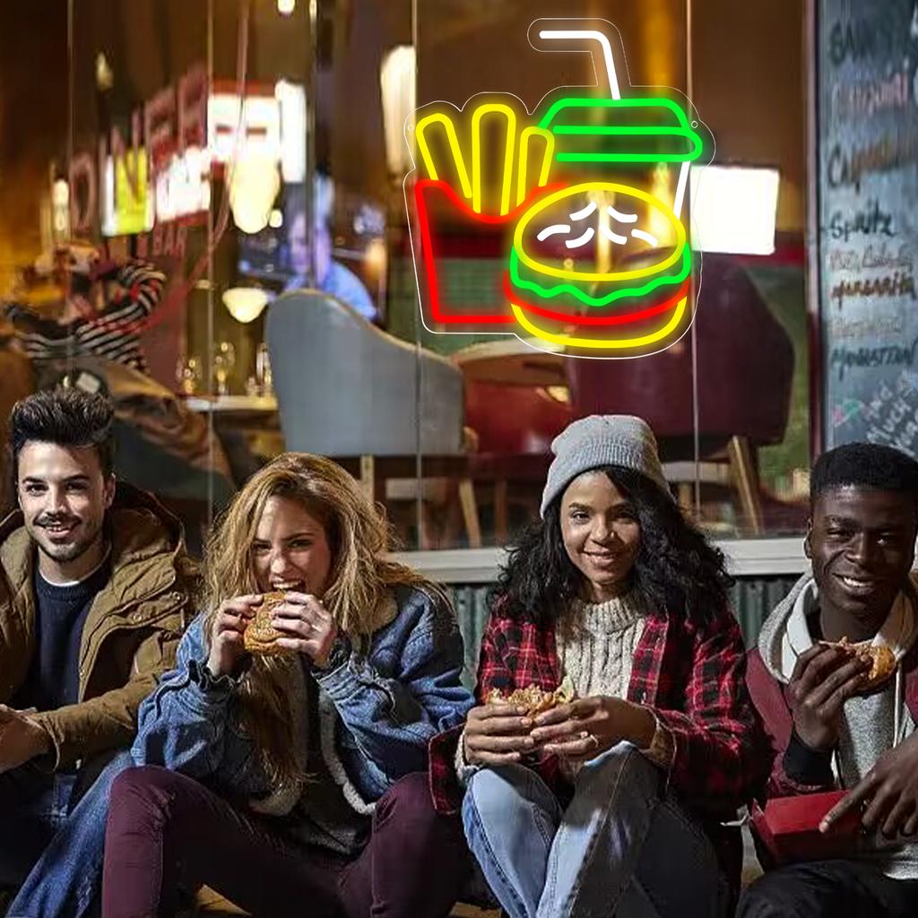 Burger Neon Sign for Burger Shop Decor French Fries LED Neon Light Fast Food Business Signs for Restaurant Store USB Powered