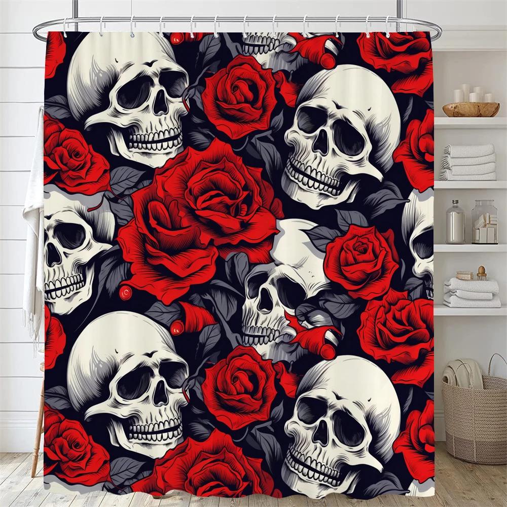 Personality Flowers And Horror Skeleton Skull Shower Curtain Polyster Fabric Home Decor Halloween Bathroom Curtain With Hooks