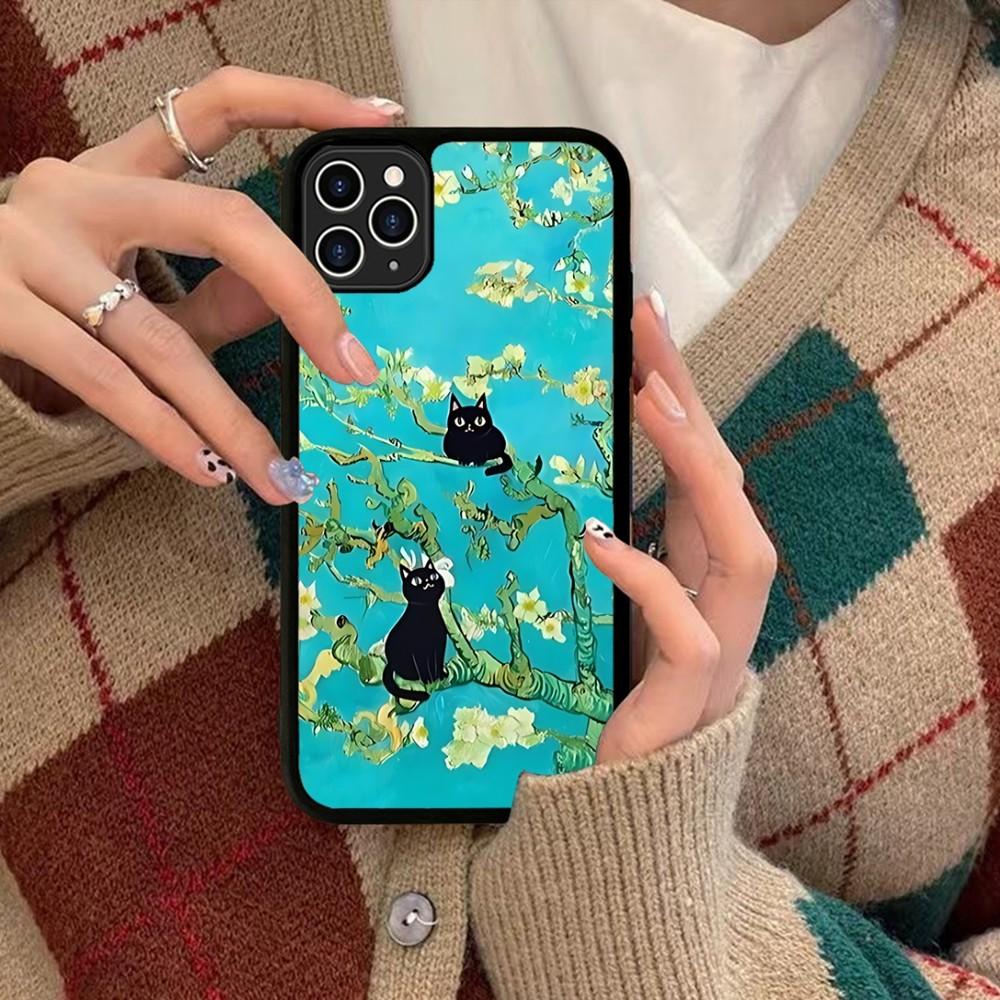 Cartoon Animal Black Cat Oil Painting Phone Case Silicone PC+TPU For For IPhone 11 12 13 14 15 16 Plus Pro Max Cover