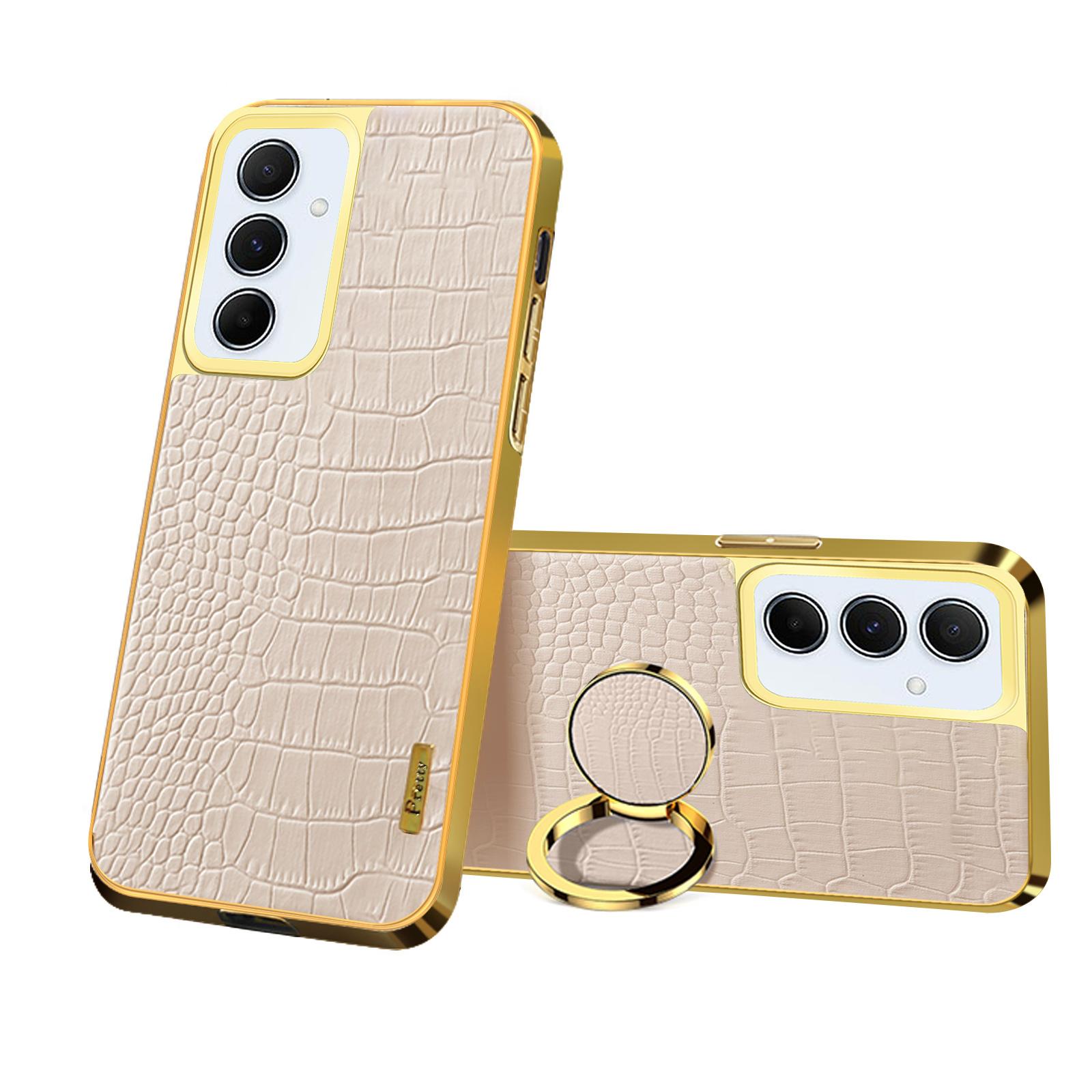 

For Samsung Galaxy A55 5G Cell Phone Case Crocodile Texture Drop-proof Cover with Ring Kickstand Yellow