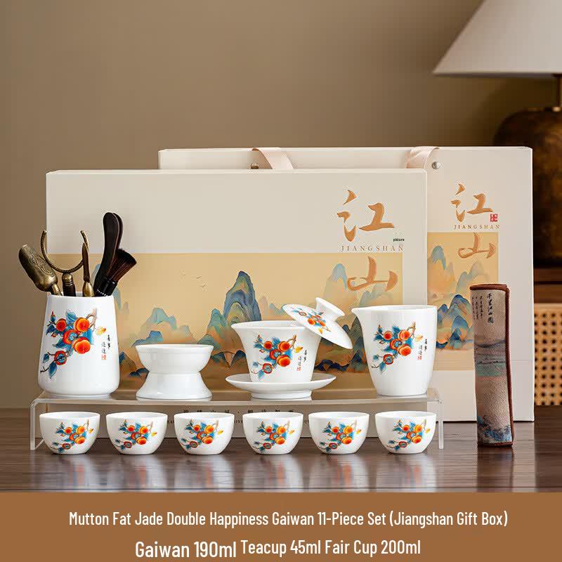 HONGMEN Guochao Mutton Fat Jade Red Lotus Ceramic Tea Set