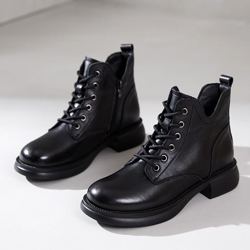 First Layer Cowhide Martin Boots Women's 2025 Autumn and Winter New Velvet Leather Retro V-mouth Short Women's Boots