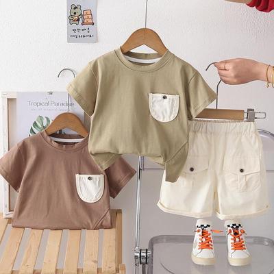 Boys' Summer 2026 Retro Short Sleeve Two-Piece Set: Thin Pure Color with Button Pocket
