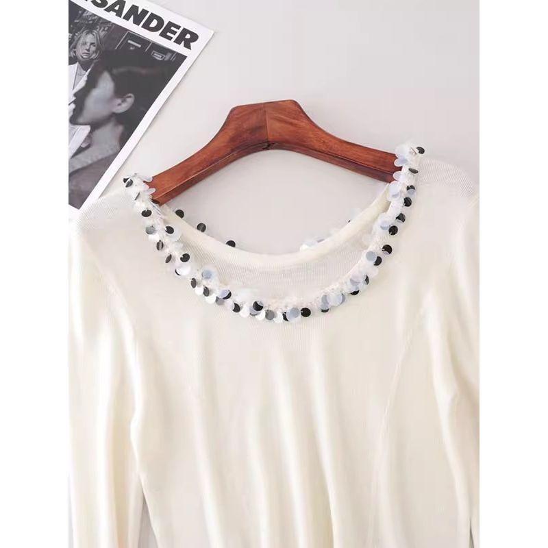 Scale Sequin Large round Neck Long Sleeves Thin Knitwear Six Wool Pure Color Silm Pullover Clavicle Top Women