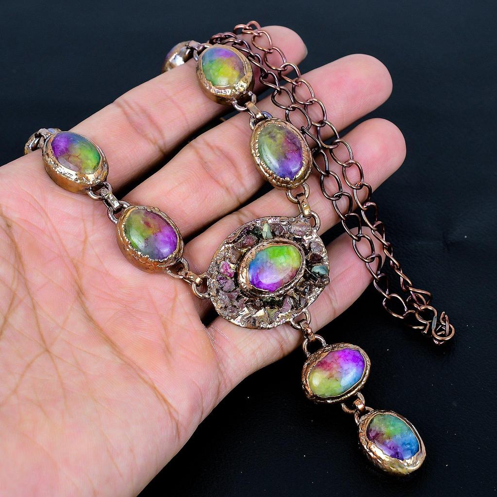 Rainbow Solar Quartz Copper Electroformed Necklace Adjustable, Chain Necklace Handmade Gemstone, Gift For Mom Antique Jewelry