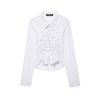1116 summer European and American women's clothing lapel pleated waist long-sleeved shirt women's striped versatile irregular hem shirt