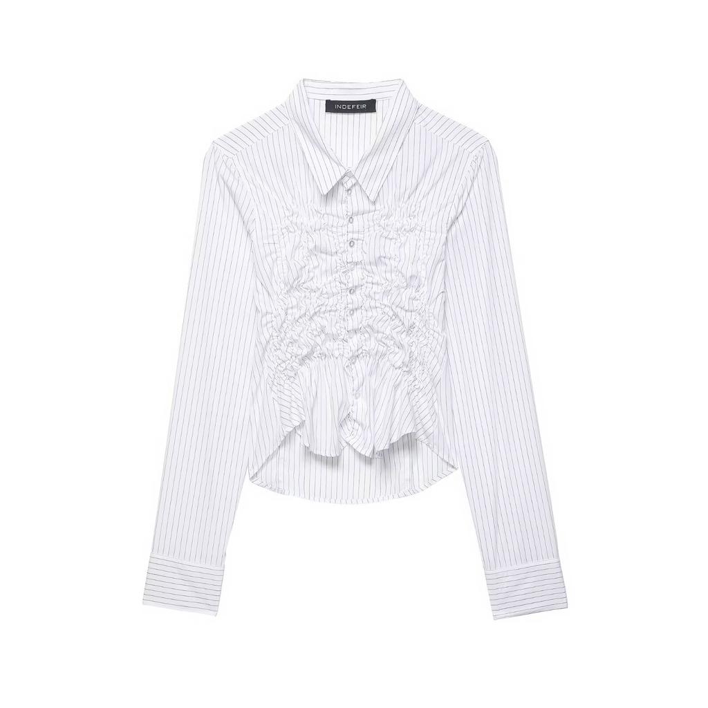 1116 summer European and American women's clothing lapel pleated waist long-sleeved shirt women's striped versatile irregular hem shirt