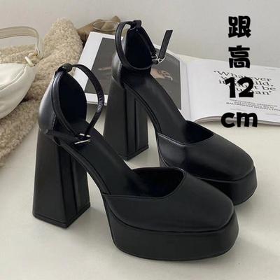Women Classic Light Weight Round Toe Black Pu Leather Square Heel Pumps for Office Lady Shoes High Heels Women Platform Sandals