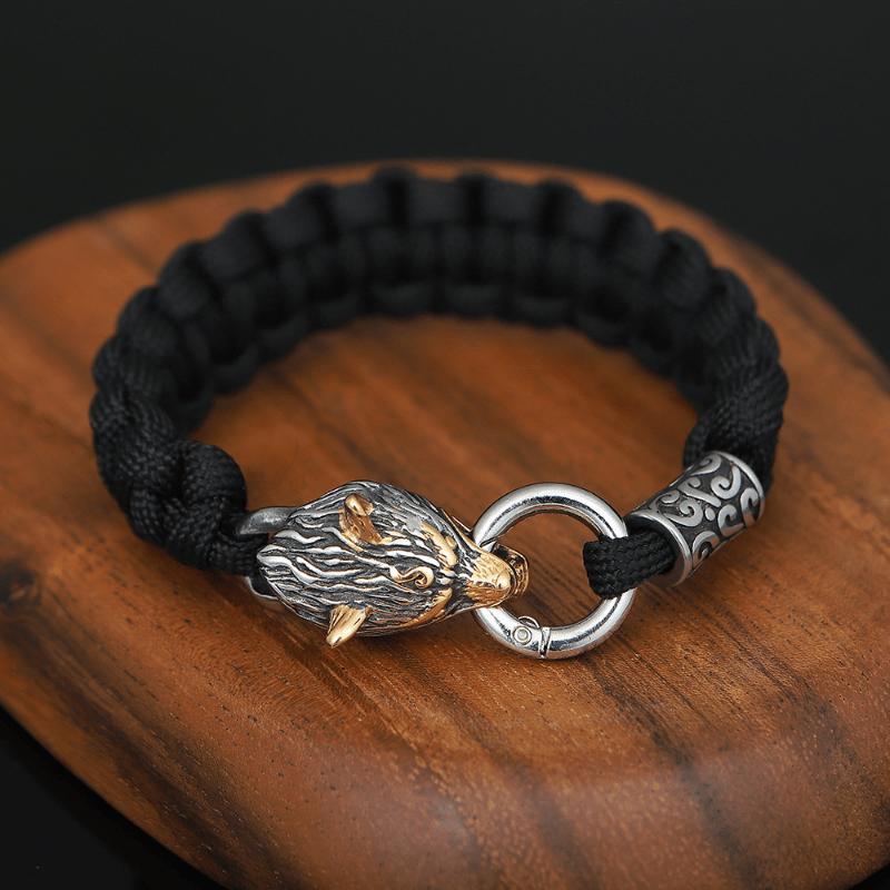 Men s Nordic Viking Mythology Odin Wolf Head Bracelet Umbrella Rope Woven Bracelet