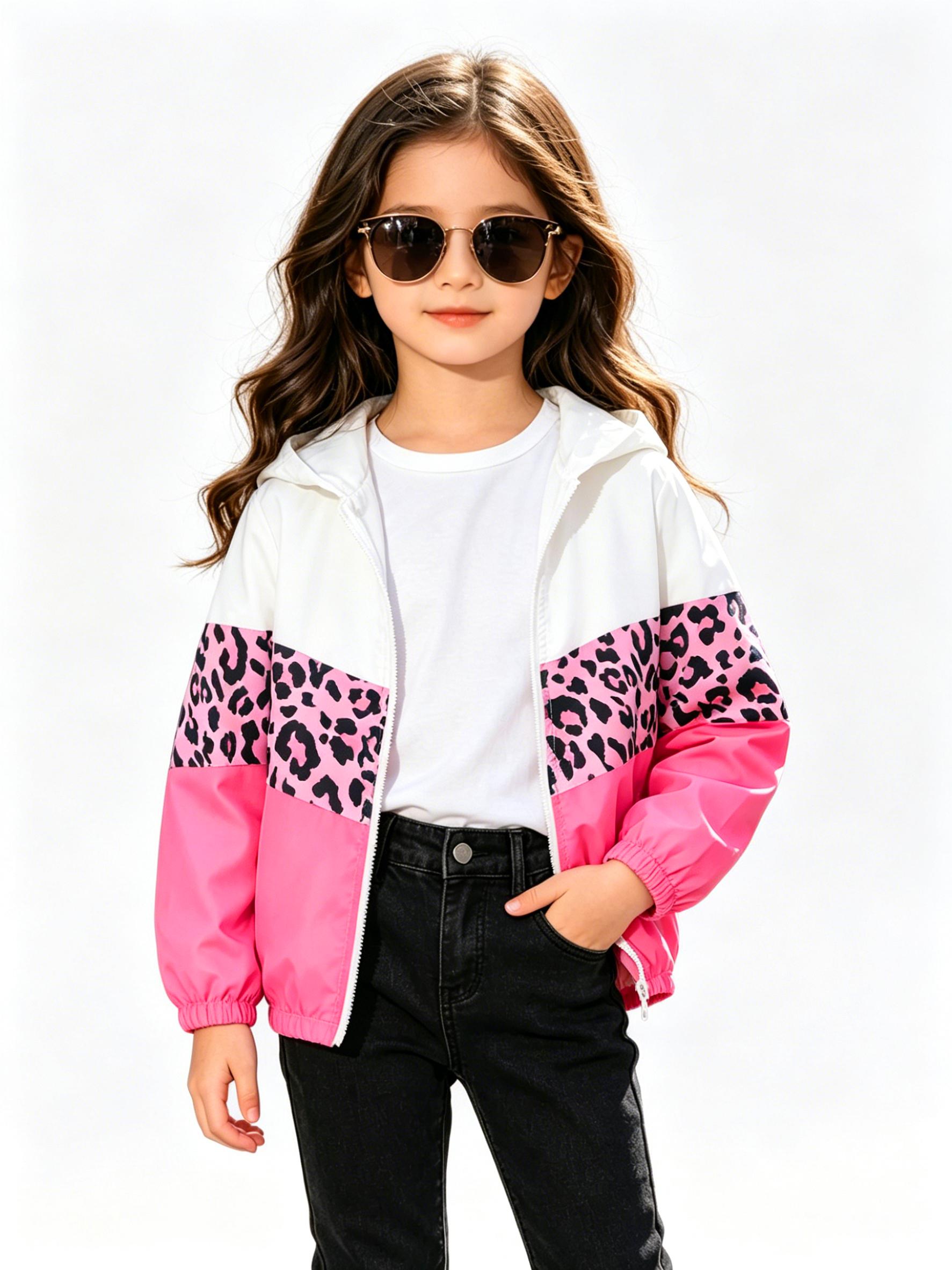 Girls 110-150cm Fashion Leopard Print Zipper Hooded Jacket Lightweight Casual Thin Outerwear 110