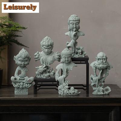 Green Sandstone Zen Wukong Damo Tathagata Tea Pet Traditional Fish Tank Landscaping Tea Figurine Play Toys Tea Statue Ornaments