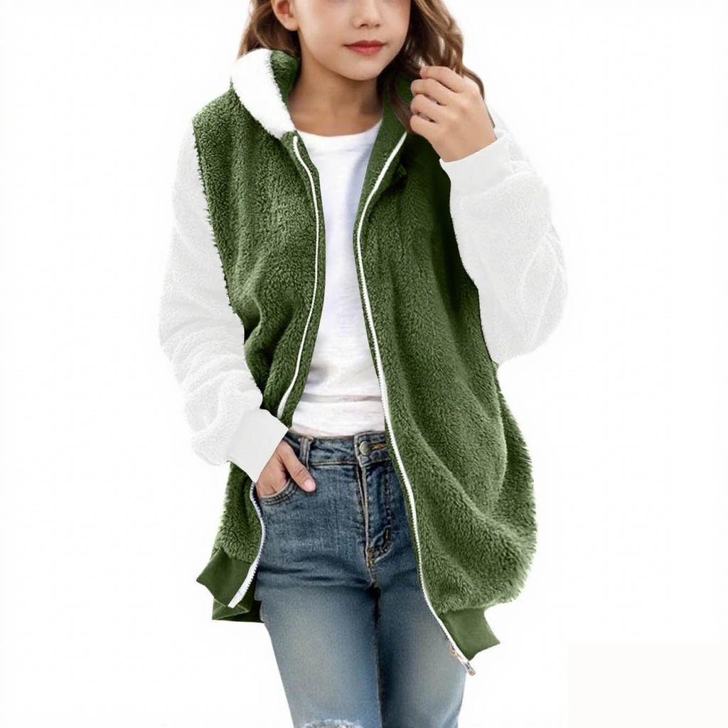 Fashionable Children's Solid Color Long-sleeved Hooded Pocket Plush Coat