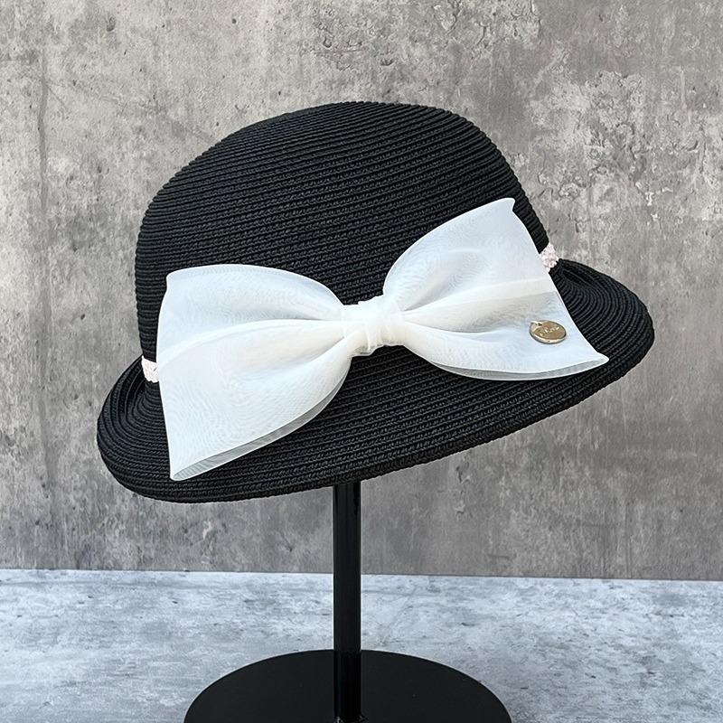 Summer Straw Hepburn Curly Elegant Bow Beret Women'S Travel Versatile Basin Hat Straw Hat