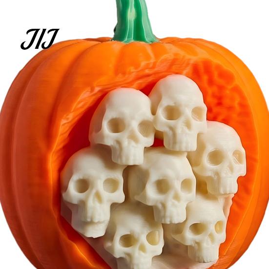 Decorative Skull Fruit Shells Halloween Pumpkin Apples Statue, 3D Printed Spooky Figurine with Creepy Miniature Home Ornaments Embedded Skulls,