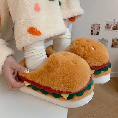 Fashion Women Home Warm Cotton Slippers Winter New Couple Cute Hamburger Faux Fur Thicken Plush Fluffy Shoes Female Indoor Warm Slides
