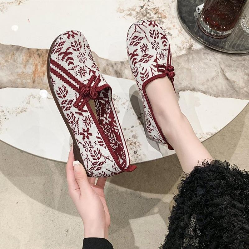 New Women's Ballet Flat Shoes Retro Chinese Women's Comfortable Soft Shoes Cotton Button Print