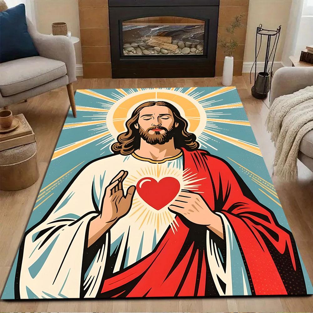 Sacred Heart Icon Art Patterned Carpet, Non Slip Mat Suitable for Living Room and Bedroom Sofas