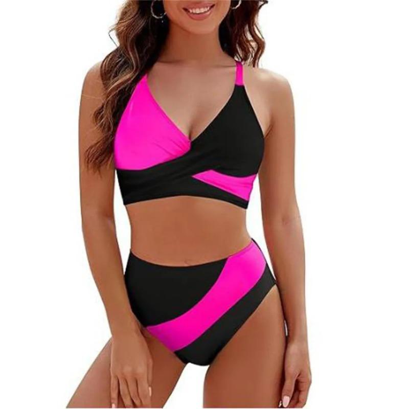 

Women 2 Pieces Bikini Set Patchwork V-Neck Sleeveless Tops Thong Bottoms Beach Bathing Suit for Women S чорний